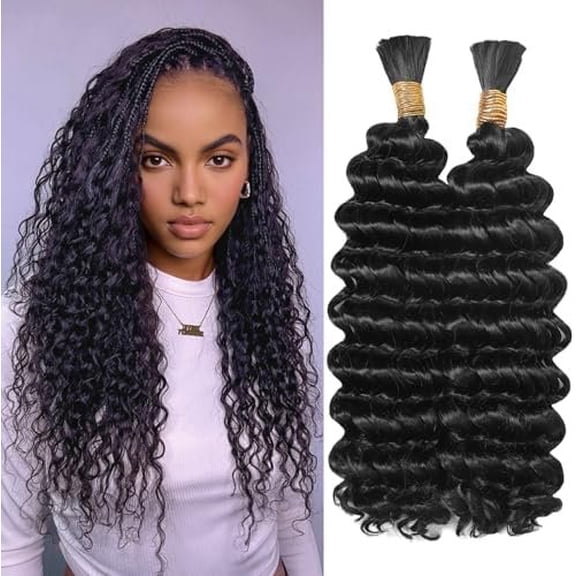 200g Boho Hair for Braiding 18 Inch 2 Deep Wave Curly Braiding Hair for Boho Braids No Weft Wet and Wavy Hair Extensions Black #1B