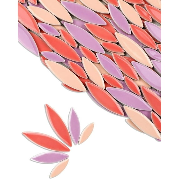 200g Ceramic Petals Bulk Mosaic Tiles for Craft, Small Double Pointed Oval DIY Stepping Stone Kit, Glazed Porcelain Tiles for Coasters Tray Mirror Lamp Bathroom Decorations