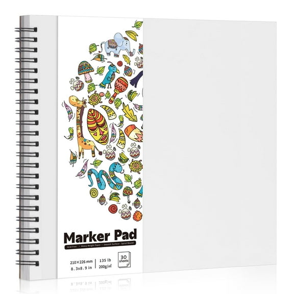 200gsm Heavyweight Marker Paper Pad, 8.38.9in Double Sided Sketchbook, 30 Sheets Bleedproof Spiral Art Pad, Ideal for Markers Acrylics Charcoal, White