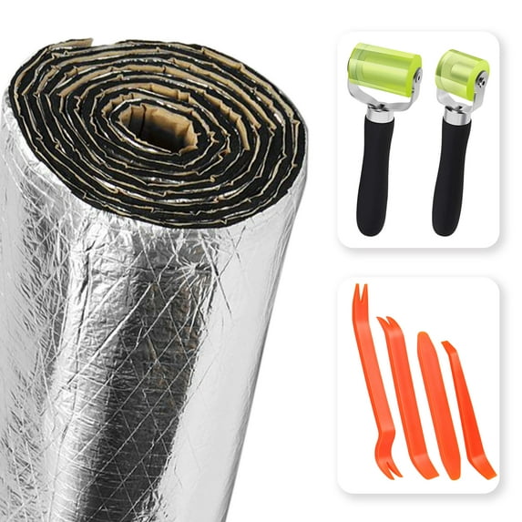 200mil 36.16 Sqft Car Heat Shield Insulation Mat Automotive Sound Deadener Deadening Mat Aluminum Foil Finsh PE Foam Dampening Material with Self Adhesive with Roller & 4 pcs Car Trim Removal Tools