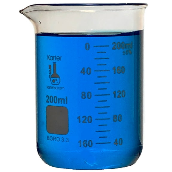 200ml Beaker, Low Form Griffin, Borosilicate 3.3 Glass, Double-Scale Graduations, Karter Scientific 247H4 (Pack 1)