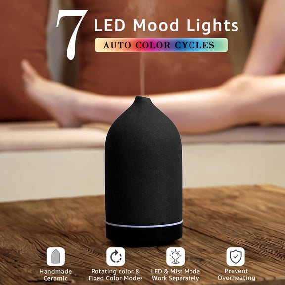 200ml Ceramic Oil Diffuser - Ultrasonic & Humidifier With 7-color Led Lights Auto Shut-off Black 1h/3h/6h Timer | Scent For Home Office Yoga