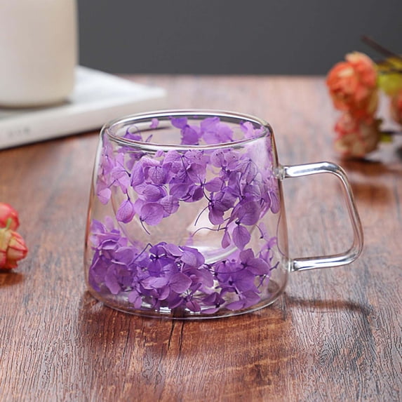 200ml Double-Wall Glass Mug, Preserved Real Suspended Flowers, Clear Insulated Coffee Tea Cup with Handle, Purple
