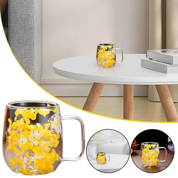 200ml Dried Flowers Glass Cup Mugs With Dry Flowers Double Walled Glass Coffee Mug Dried Flowers Glass Coffee Mugs Dry Flower Cup For Juice Coffee Or Tea Lover/ Red Petal Double Cup Ca