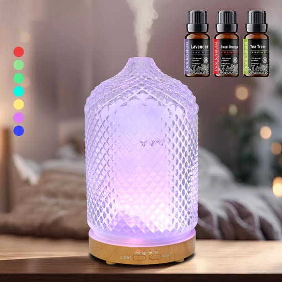 200ml Essential Oil Diffuser Glass Color Changing Aroma Air Diffusers Aromatherapy Ultrasonic Cool Mist Humidifier Waterless Auto-Off for Sleeping Yoga Office Spa