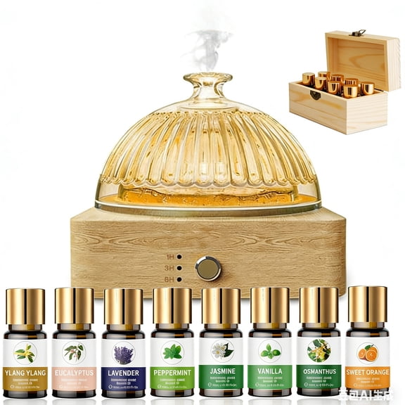 200ml Glass Dome Essential Oil Diffuser, Glass Reservoir Wood Base Ultrasonic Aromatherapy Diffuser, Includes 8 Organic Essential Oils