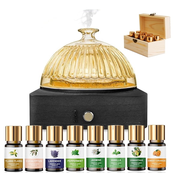 200ml Glass Dome Essential Oil Diffuser, Glass Reservoir Wood Base Ultrasonic Aromatherapy Diffuser, Includes 8 Organic Essential Oils