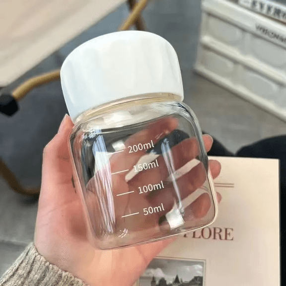 200ml Glass Milk & Shake Cup with Measurement Marks Leakproof Twist Lid, White