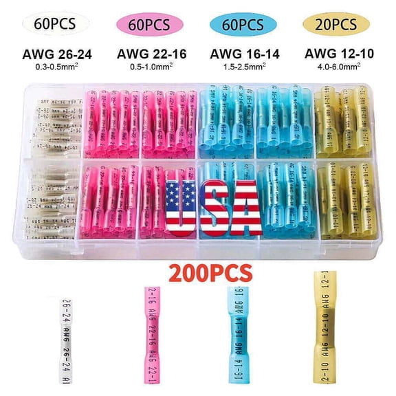 200pc 26-10AWG Heat Shrink Butt Connectors Electrical Wire for Marine Motorcycle