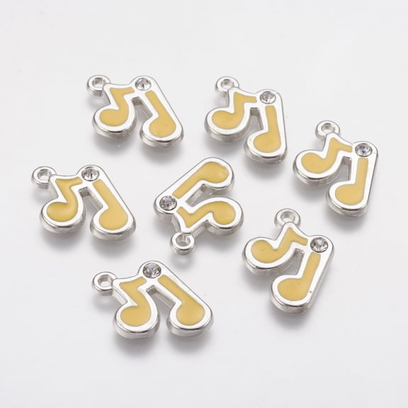 200pc Alloy Enamel Pendants Lead Free and Cadmium Free With Rhinestone Musical Note Platinum Color Yellow 20x13x2mm Hole: 2mm