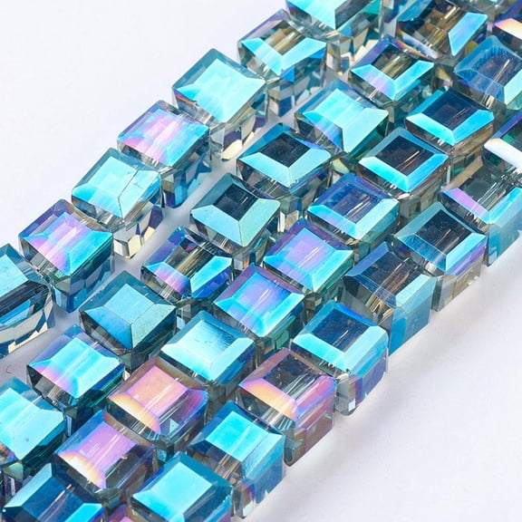 200pc Electorplated Glass Beads Rainbow Plated Faceted Cube Medium Turquoise 7x7x7mm Hole: 1mm