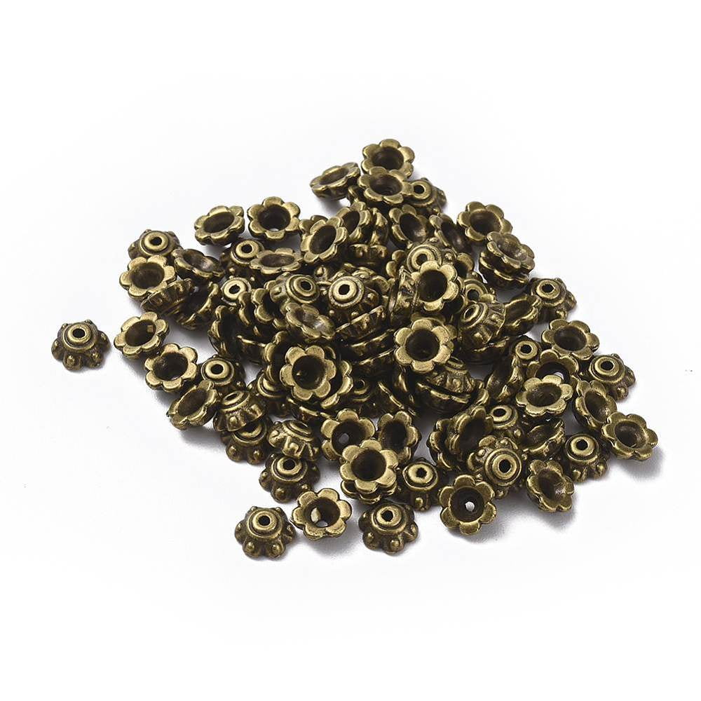200pc Tibetan Style Bead Caps Zinc Alloy Bead Caps Lead Free \u0026 Nickel Free \u0026 Cadmium Free Antique Bronze Color 7x3mm Hole: 1.5mm