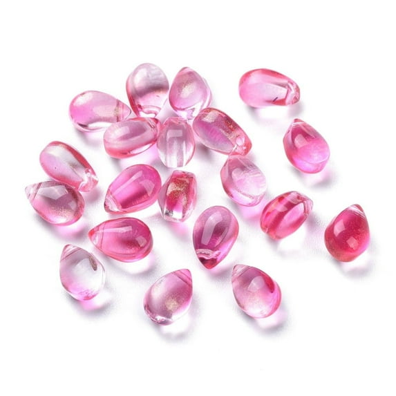 200pc Transparent Glass Charms Glitter Gold Powder Teardrop Hot Pink 9x6x5mm Hole: 1mm