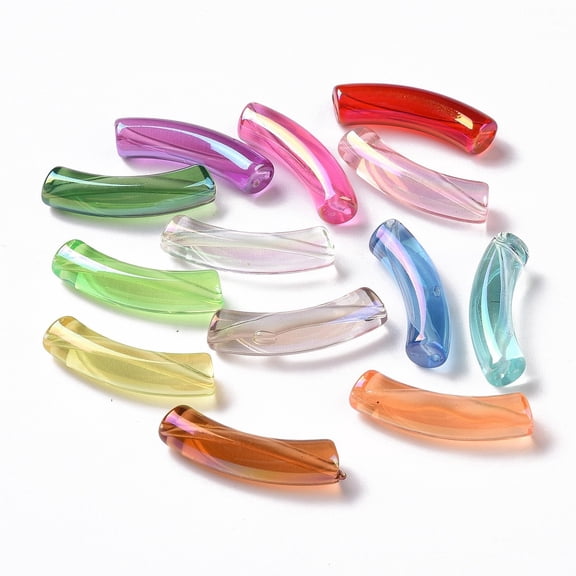 200pc Transparent Rainbow Iridescent Acrylic Beads Curved Tube Mixed Color 32~33x10x8mm Hole: 1.6mm