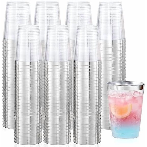 200pcs 10oz Silver Plastic Cups,Disposable Wine Glasses Cocktail Glasses Premium Cups,Party Cocktails Tumblers,Silver Rimmed Plastic Cup for Party,Wedding, Birthday,Thanksgiving Day