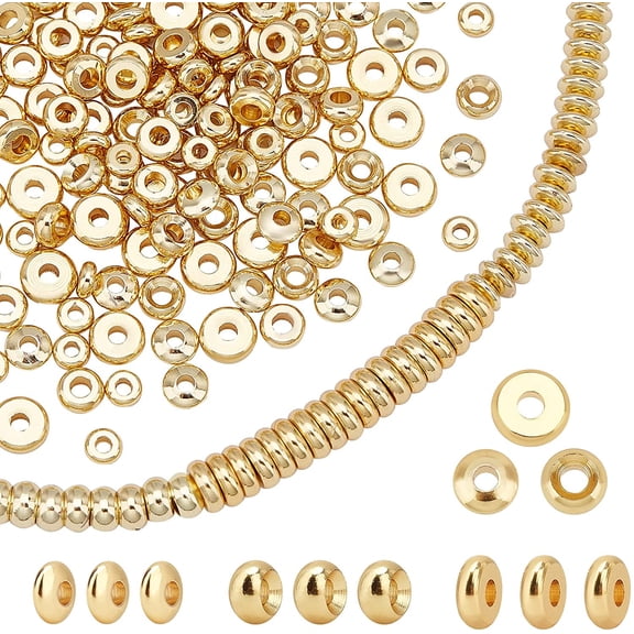 200pcs 14K Gold Plated Spacer Beads Metal Heishi Beads Brass Flat Round Disc Rondelle Bead Spacers Friendship Bracelet Bead for Summer Hawaii Stackable Jewelry Making Necklace 5 Sizes