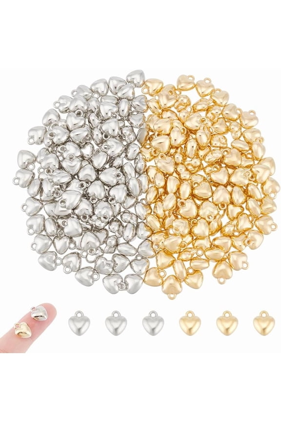 200pcs 2 Colors Puffy Heart Charm Tiny Love Pendant CCB Plastic Pendants 1.6mm Small Hole Peach Heart Charms Golden Dangle Pendants Jewelry Making