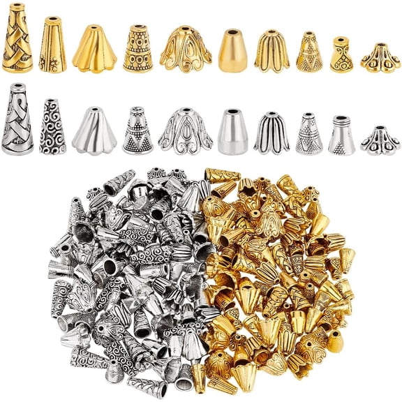 200pcs 20 Styles Cone Bead Caps Tibetan Style Bead Caps Alloy Flower Bead Caps Spacers Tassel End Cap