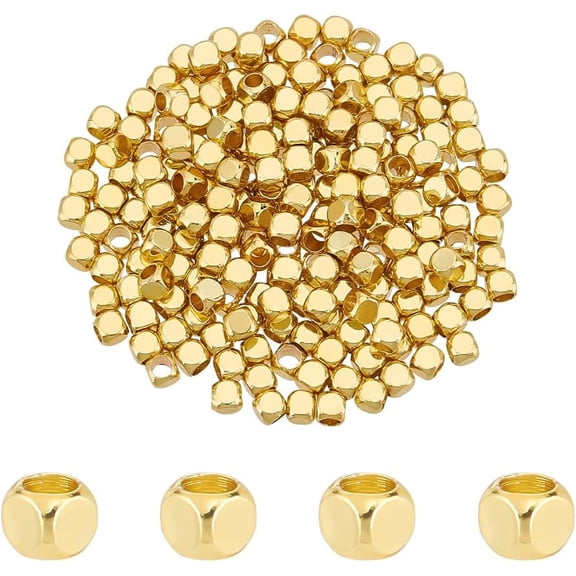 200pcs 3mm Cube Beads 18K Gold Plated Beads Spacers Brass Cornerless Cube Metal Bead Small Square Loose Spacers for DIY Crafts Stackable Bracelet Necklace Earring Jewelry Making