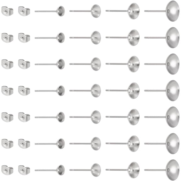 200pcs 4 Sizes Stainless Steel Stud Earring Findings Flat Round Stud Earring Posts Pearl Cup Glue On Post Earrings Pins with Ear Nuts for Earrings Making