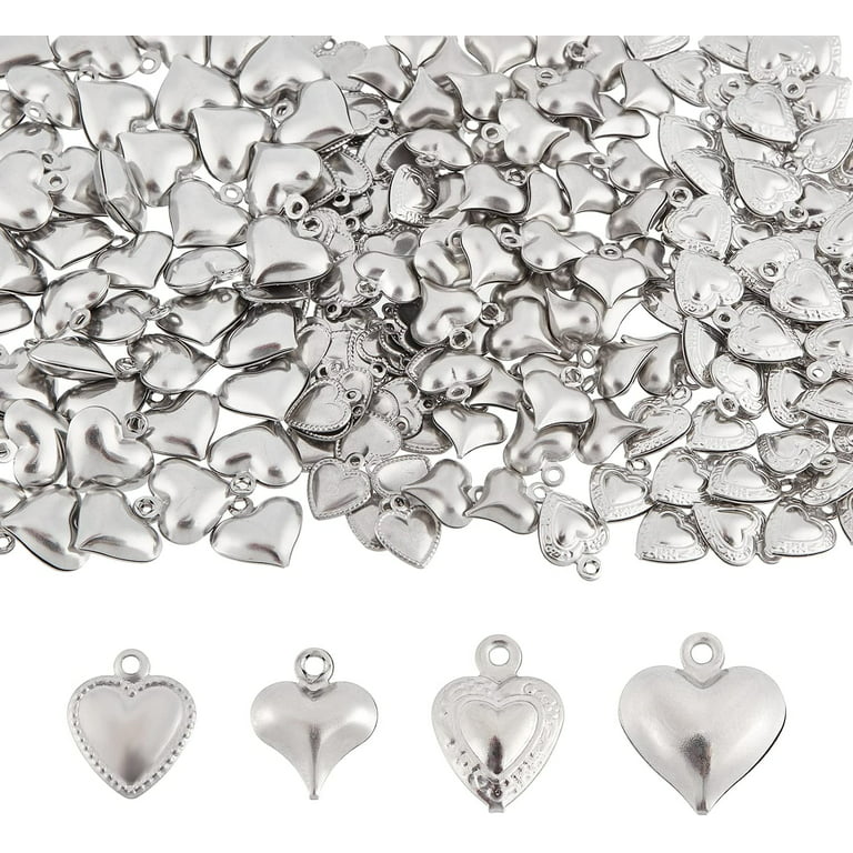 200pcs 4 Styles 304 Stainless Steel Puffed Heart Charms Tiny Love Pendants  Small Hole Heart Charms for Necklace Bracelet Earring Jewelry