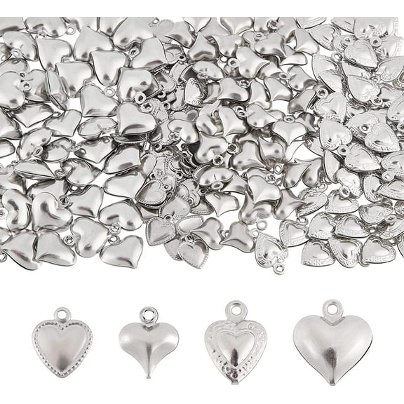 200pcs 4 Styles Puffy Heart Charms Stainless Steel Textured Heart Pendants 3D Small Love Pendants Valentines Jewelry Gift for Jewelry Making Hole:1mmMixed Color