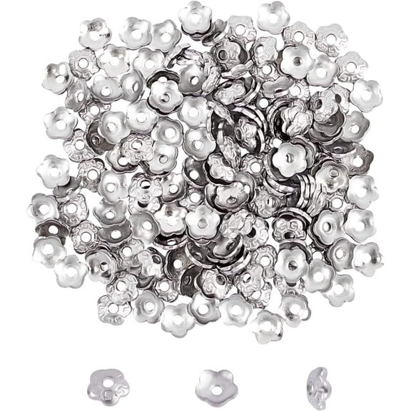200pcs 5-Petal Stainless Steel Bead Caps for Jewelry Making 4mm Diameter Silver