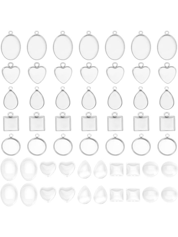 200pcs 5 Styles Cabochon Pendant Settings Stainless Steel Blank Bezel Pendant Trays Oval Teardrop Heart Flat Round Square Base Cabochon Charm with Glass Cabochons