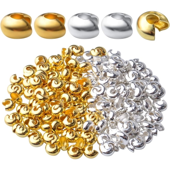 200pcs 5mm Metal Round Crimp Bead Knot Covers for DIY Jewelry Making, Gold and Silver