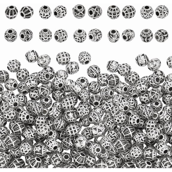 200pcs 6mm Tibetan Spacer Beads 10 Styles Hollow Bead Round Alloy Spacer Beads Small Loose Bead