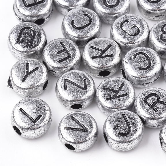 200pcs Acrylic Beads Horizontal Hole Mixed Letter Flat Round Silver 7x4mm Hole: 1mm
