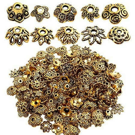 200pcs Antique Gold Bead Caps Spacer Beads Flower Bead Caps Bali Style for Necklace Bracelet,10 Styles