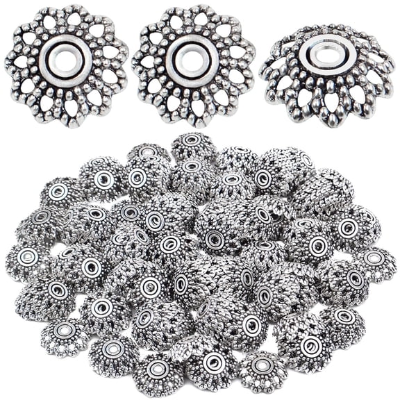 200pcs Antique Silver Flower Bead Caps Alloy Filigree Flower Cap Spacer Beads Jewelry Making Accessories for DIY Earrings Bracelet Necklace Craft, 11.5 mm x 2.5 mm