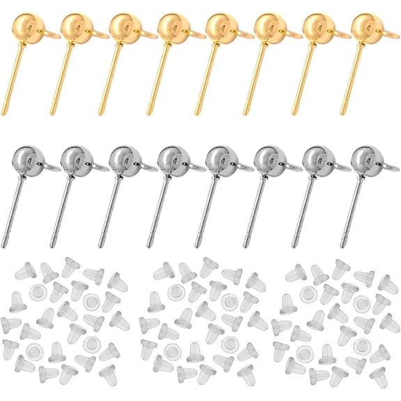 200pcs Ball Post Earring Studs with 200pcs Rubber Earring Safety Backs,Spherical Earrings Round Earrings Hypoallergenic Ear Pins for DIY Jewelry Earring Making(KC Gold and White K)