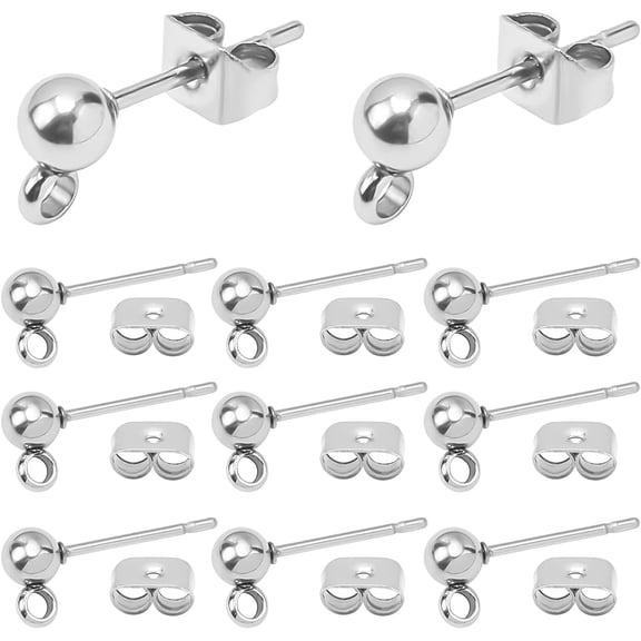 200pcs Ball Stud Earring Kit Stainless Steel Ball Post Earring Studs Round Ball Ear Pin with Loop with Butterfly Earring Back for DIY