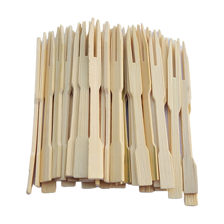 300 Pack Bamboo Forks, BetterJonny Disposable Cutlery Forks Two Prongs Skewers