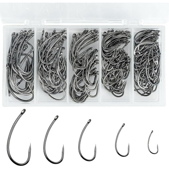 200pcs Barbless Fishing Hooks Kit Carp Fishing Fly Tying Hooks Circle Curve Shank Barbless Live Bait Carp Hair Rig Trout Freshwater Saltwater