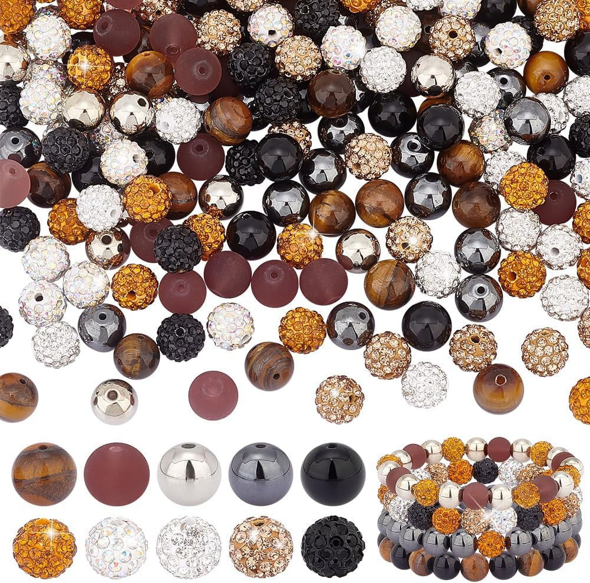 200pcs Black Brown Gold White Beads for Fall Boho Bracelet 10mm Gemstone Rhinestone Round Glass Pave Disco Ball Clay Beads for Jewelry Making 10 Styles Mixed Color
