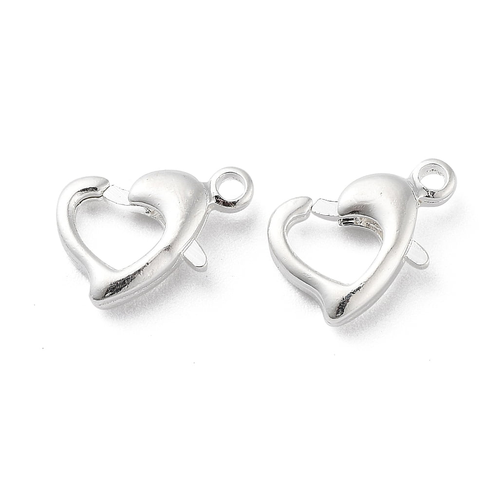 200pcs Brass Lobster Claw Clasps Heart 925 Sterling Silver Plated 10x7x2.5mm Hole: 1.2mm for Crafting