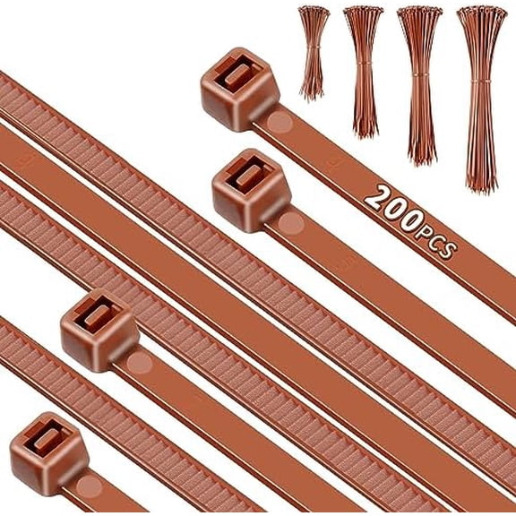 200pcs Brown Zip Ties, 12+10+8+4 Inch Heavy Duty Cable Ties with 55-22lb Strength, PA66 Self-Locking Nylon Wire Ties for Christmas Farming Fence Garden Trellis, UV Resistant