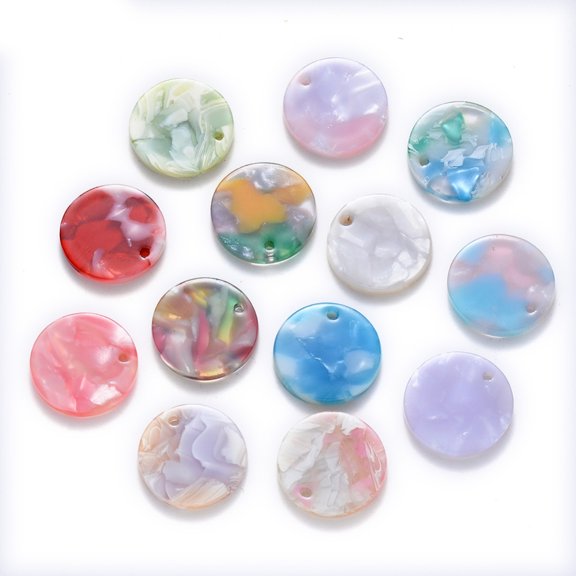 200pcs Cellulose Acetate(Resin) Pendants Flat Round Mixed Color 17x3mm Hole: 1.2mmDIY