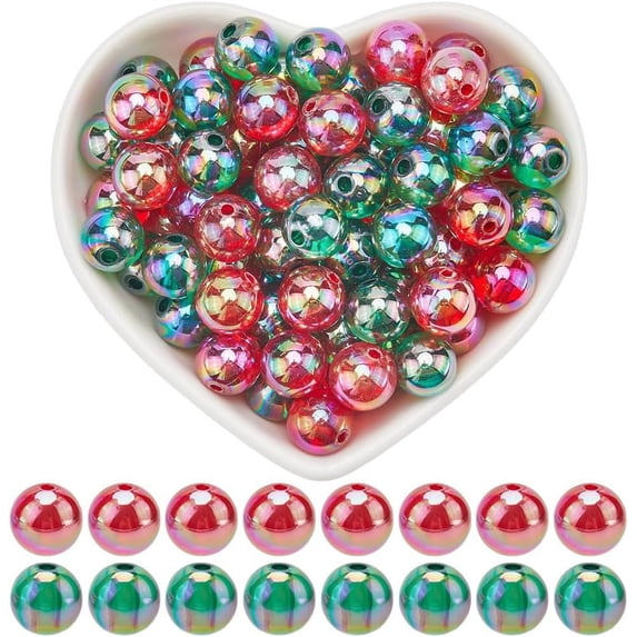 200pcs Christmas Beads 10mm Round Red Acrylic Beads Plastic Transparent Clear Ab Colored Green Spacer Bead Bulk for Jewelry Making Crafts Home Party Necklace Bracelet DIY Supplies