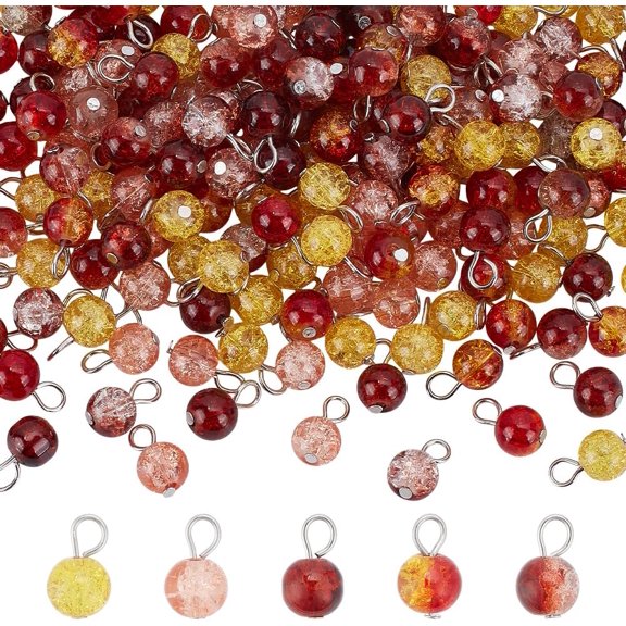 200pcs Dangle Charms 5 Colors Crakle Glass Beads Charm 8mm Autumn Drops Charms Round Fall Charm with Loops for Jewelry Making Necklace Earring DIY Craft Bracelet Keychain