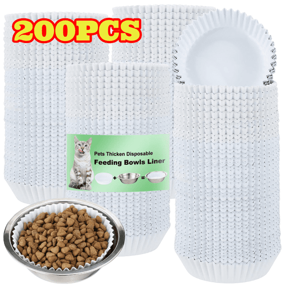 200pcs Disposable Cat Food Bowl Liners, White Pet Feeding Bowls Liner for Puppy Small Dog & Cat, Small Paper Bowls for Dry and Wet Food