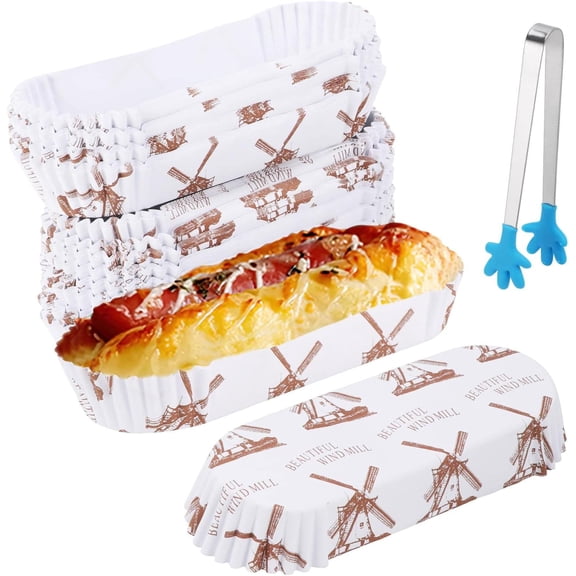 200pcs Disposable Greaseproof Oval Cake Paper Tray Boat Shape Paper Cups, White with Windmill Print