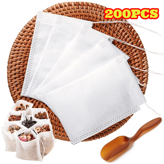 200pcs Disposable Tea Bags for Loose Leaf Tea, Empty Tea Filter Bags with Cotton Drawstring, Fillable Tea Infuser Sachets for Loose Tea, Coffee, Herb, Spice
