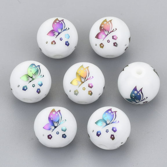 200pcs Electroplate Glass Beads Round with Butterfly Pattern Multi-color Plated 10mm Hole: 1.2mm