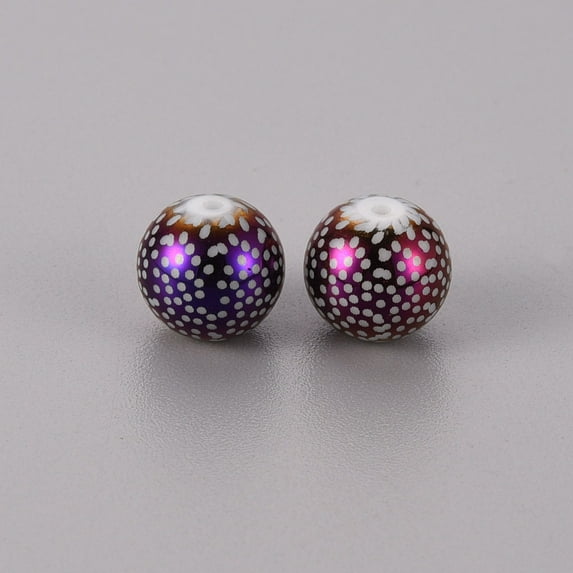 200pcs Electroplate Glass Beads Round with Pattern Purple Plated 10mm Hole: 1.2mm