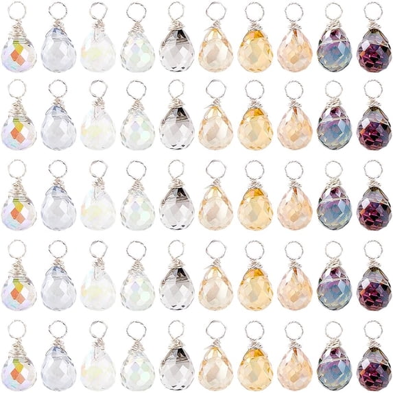 200pcs Faceted Teardrop Charms 10 Colors Transparent Glass Crystal Pendants Wire Wrapped Glass Charms Drop Dangle Charms for Necklace Earring Bracelet Craft Making