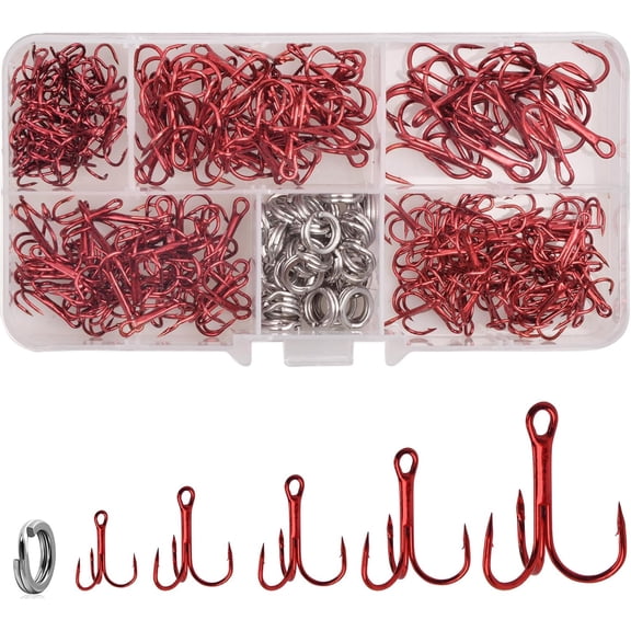 200pcs Fishing Treble Hooks Kit, Sharp Round Bend Fishing Hooks with Split Rings High Carbon Steel Fishing Hooks for Lures Baits Saltwater Freshwater